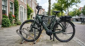 E-bike met ART-2 fietsslot vastgezet aan fietsenrek in Nederlandse straat