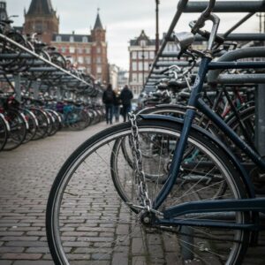 Fiets vastgemaakt met kettingslot in drukke fietsenstalling als tip tegen fietsdiefstal