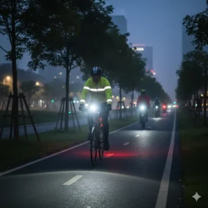 man op fiets met licht in het donker