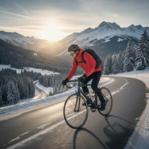 Fietser in winterlandschap rijdt op een bergweg door besneeuwde bergen als voorbereiding op het nieuwe fietsseizoen