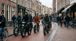 Fatbikes rijden tussen andere fietsers in een drukke Nederlandse winkelstraat met voetgangers.