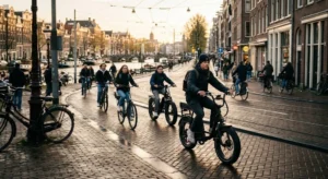 Jongeren rijden op fatbikes en elektrische fietsen door Nederlandse stad