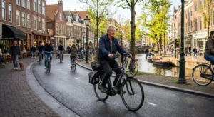 Oudere man fietst op elektrische fiets door druk Nederlands stadscentrum langs kanaal