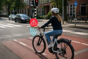 Elektrische fiets die automatisch afremt bij druk kruispunt in Nederlandse stad