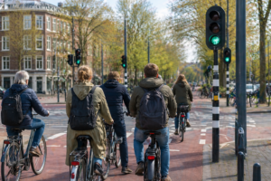 Fietsers rijden door groen licht bij slim verkeerslicht in Nederlandse stad