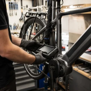 Monteur controleert moderne elektrische fiets in werkplaats als symbool voor technische e-bike schade.
